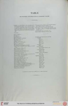 Table des matières contenues dans le troisième volume