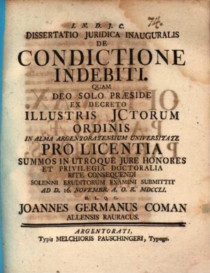 Diss. iur. inaug. de condictione indebiti