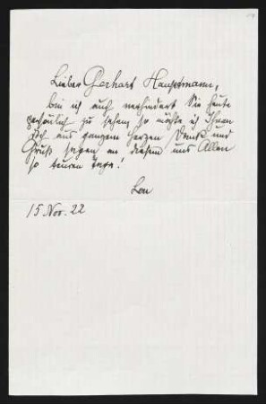 Brief von Lou Andreas-Salomé an Gerhart Hauptmann