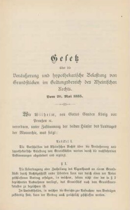 Gesetz über die Veräußerung und hypothekarische Belastung von Grundstücken im Geltungsbereich des Rheinischen Rechts