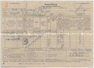 Anmeldung bei der polizeilichen Meldebehörde Halle (Saale) für Flüchtlinge, gültig vom 31. August bis 2. September 1945