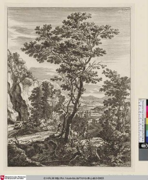 [Le grand arbre; Italien Landscape; Landschaft mit großem Baum in der Mitte, dahinter auf einem Weg Reiter und Wanderer]