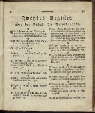 Zweytes Register, über den Inhalt der Verordnungen.