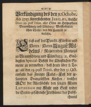 Verkündigung des den 31. Octobr. Ao. 1717. bevorstehenden Jubilaei, ..., von den Cantzeln zu verlesen
