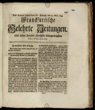Num. XLI. Freytags, den 22. Maji. 1744 - Num. L. Dienstags, den 23. Junii. 1744