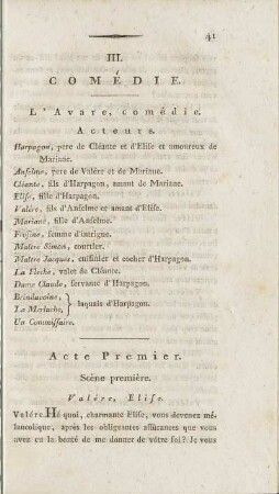 L'Avare, comédie. Acteurs