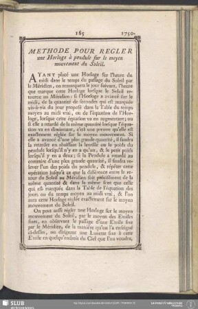 Methode Pour Regler une Horloge à pendule sur le moyen mouvement du Soleil