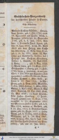 Geschlechts-Verzeichniß der herrschenden Häuser in Europa. Erste Abtheilung.