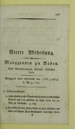 Vierte Abtheilung. Marggraven zu Baden. Nach Wiedervereinigung sämtlicher Badischen Lande