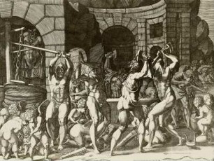 Vulkan und die Zyklopen : Schmiedewerkstatt, Stich, 1537