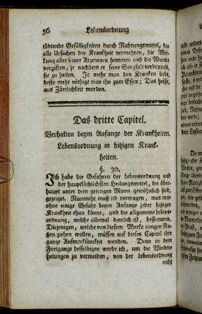 Das dritte Capitel. Verhalten beym Anfange der Krankheiten. Lebensordnung in hitzigen Krankheiten.