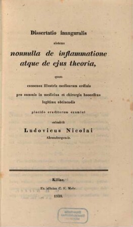 Diss. inaug. sistens nonnulla de inflammatione atque de eius theoria