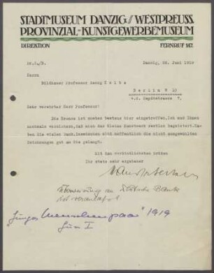 Brief vom Stadtmuseum in Bad Teplitz-Schönau an Georg Kolbe