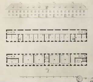 Hubertusburg, Stallgebäude, Ansicht und Grundriß