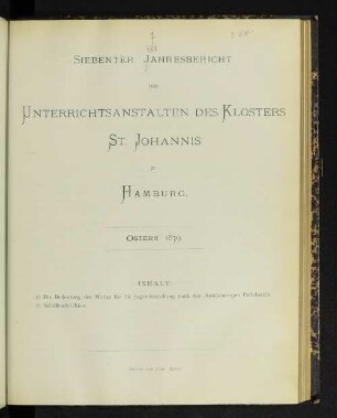 7.1879: Jahresbericht der Unterrichtsanstalten des Klosters St. Johannis zu Hamburg