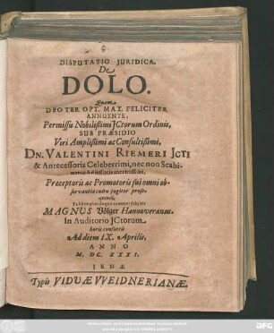 Disputatio Iuridica, De Dolo