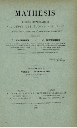 TOME I - NOVEMBRE 1891.
