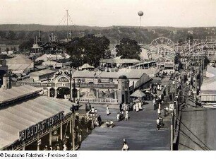 Dresden-Johannstadt. Vogelwiese am Elbufer. Ansicht mit Zirkus "Liliput", Karussells und Riesenrad
