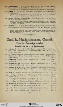 Gemälde, Handzeichnungen, Graphik, Plastik, Kunstgewerbe: Künstler des 16.-18. Jahrhunderts (Nr. 1093-1184)