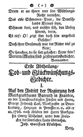 Erste Abtheilung. Lob- und Glückwünschungs-Gedichte.