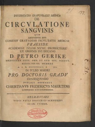 Dissertatio Inavgvralis Medica De Circvlatione Sangvinis