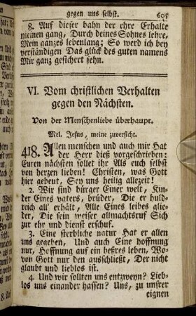 VI. Vom christlichen Verhalten gegen den Nächsten. - VII. Von den besonderen Pflichten in gesellschaftlichen Verbindungen.