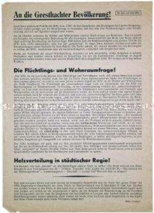 Propagandaflugblatt der KPD Geesthacht zur Politik der CDU und SPD mit Aufruf zu den Kommunalwahlen