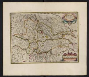 Karte vom Herzogtum Mantua, ca. 1:270 000, kolorierter Kupferstich, 1645 : Mantua Ducatus / Excudebat Ioannes Ianssonius. - [Ca. 1:270.000]. - [Amsterdam] : Ioannes Ianssonius, [1645]. - 1 Kt : Kupferst ; 45 x 33 cm. - Maßstab in graph. Form (Milliaria Italica communia, Milliaria Germanica communia)