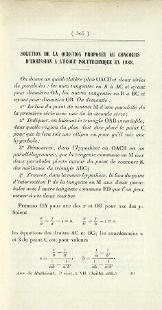 Solution de la question proposée au concours d'admission a l'École Polytechnique en 1888.
