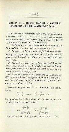 Solution de la question proposée au concours d'admission a l'École Polytechnique en 1888.