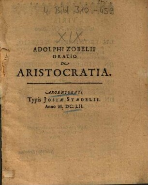 Adolphi Zobelii Oratio De Aristocratia