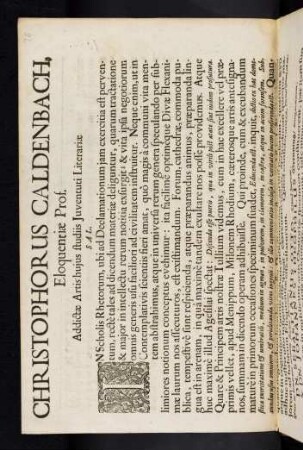 Christophorus Caldenbach, Eloquentiae Prof. Addictae Artis hujus studiis Juventuti Literariae Sal.