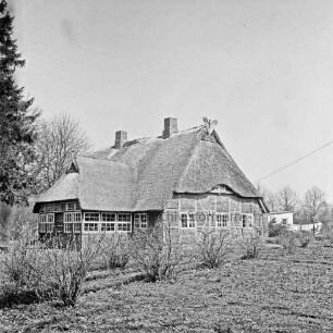 Bauernhaus mit Fachwerk und Reetdach: vorn Garten mit Sträuchern: links Bäume: hinten rechts Gebäude