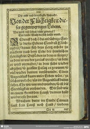 Die acht und dreyssigste Andacht. Von der Flüchtigkeit dieses gegenwertigen Lebens