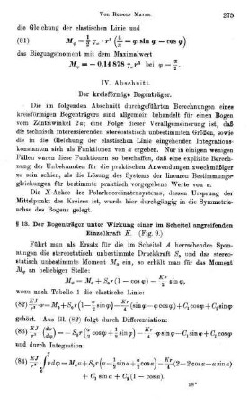 IV. Abschnitt - Beanspruchung des kreisförmigen Bogenträgers in seiner Ebene.