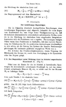 IV. Abschnitt - Beanspruchung des kreisförmigen Bogenträgers in seiner Ebene.