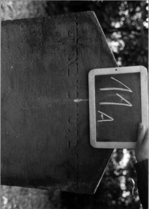 Grabstein 11 (Index: 100111025) Material: Sandstein Zustand: gut Maße HxBxT: 113x60x10 cm Beschreibung: Stele, giebelartiger Abschluß, Schriftfeld eingetieft Besonderheit: Kindergrab: Grabstein 11A