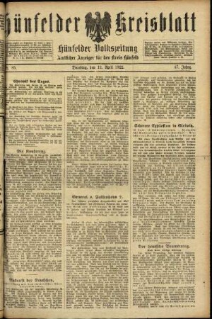 Ausgabe vom Dienstag, den 11. April 1922.