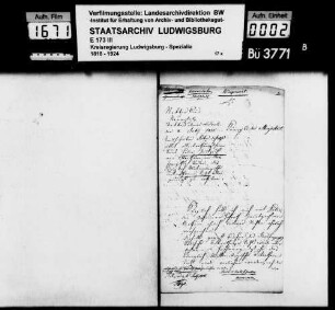 Gesuch des Stadtschreibers John in Neuenstadt a. Kocher um Aufnahme seiner Braut Juliana Dorothea Zentgraf von Wertheim (Baden) in das württ. Staatsbürgerrecht zwecks bürgerliche Niederlassung in Neuenstadt a. Kocher