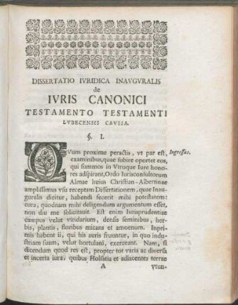 Dissertatio Ivridica Inavgvralis de Ivris Canonici Testamento Testamenti Lvbecensis Cavssa.
