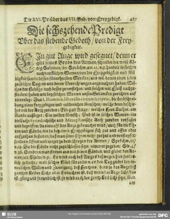 Die sechszehende Predigt Uber das siebende Geboth, von der Freygebigkeit