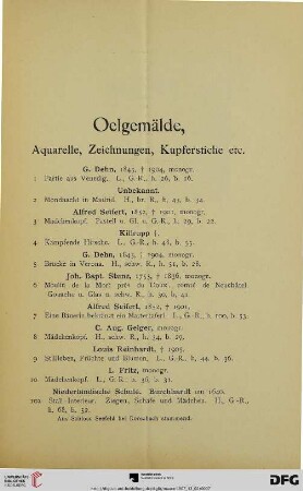 1. Oelgemälde, Aquarelle, Zeichnungen, Kupferstiche etc. (Nr. 1-256)