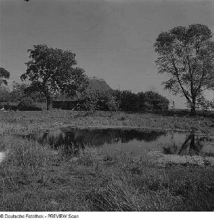 Breege. Blick auf ein Gebäude mit Teich im Vordergrund