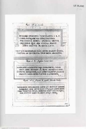 Monumenta clarorum doctrina praecipuè ..., Tafel 28: Grabplatte des Bessarion, Rom, Ss. Apostoli, Grabplatte in unbekannter Kirche und Grabplatte in Santa Maria del Popolo, Rom