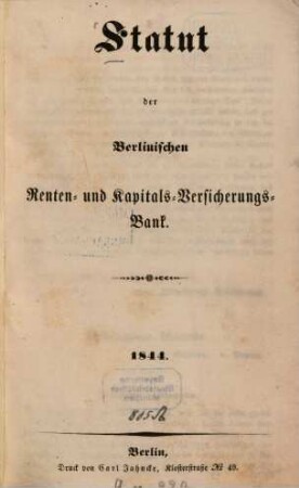 Statut der Berlinischen Renten- und Kapitals-Versicherungs-Bank