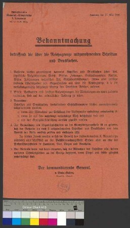 Bekanntmachung des Stellvertretenden Generalkommandos zur Mitnahme von Schriften, Drucksachen und sonstigen Unterlagen bei Reisen außerhalb des Deutschen Reiches