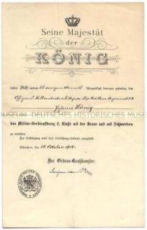 Verleihungsurkunde für das Militär-Verdienstkreuz 2. Klasse mit Krone und mit Schwertern an Johann König - Familienkonvolut