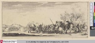 [Schlachtfeld mit drei reitenden Soldaten im Vordergrund]