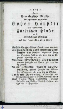 Kurze Genealogische Anzeige der jetztlebenden und regierenden Hohen Häupter und vornehmsten Fürstlichen Häuser in Europa…