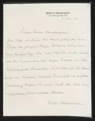 Brief von Edith Andreae an Gerhart Hauptmann